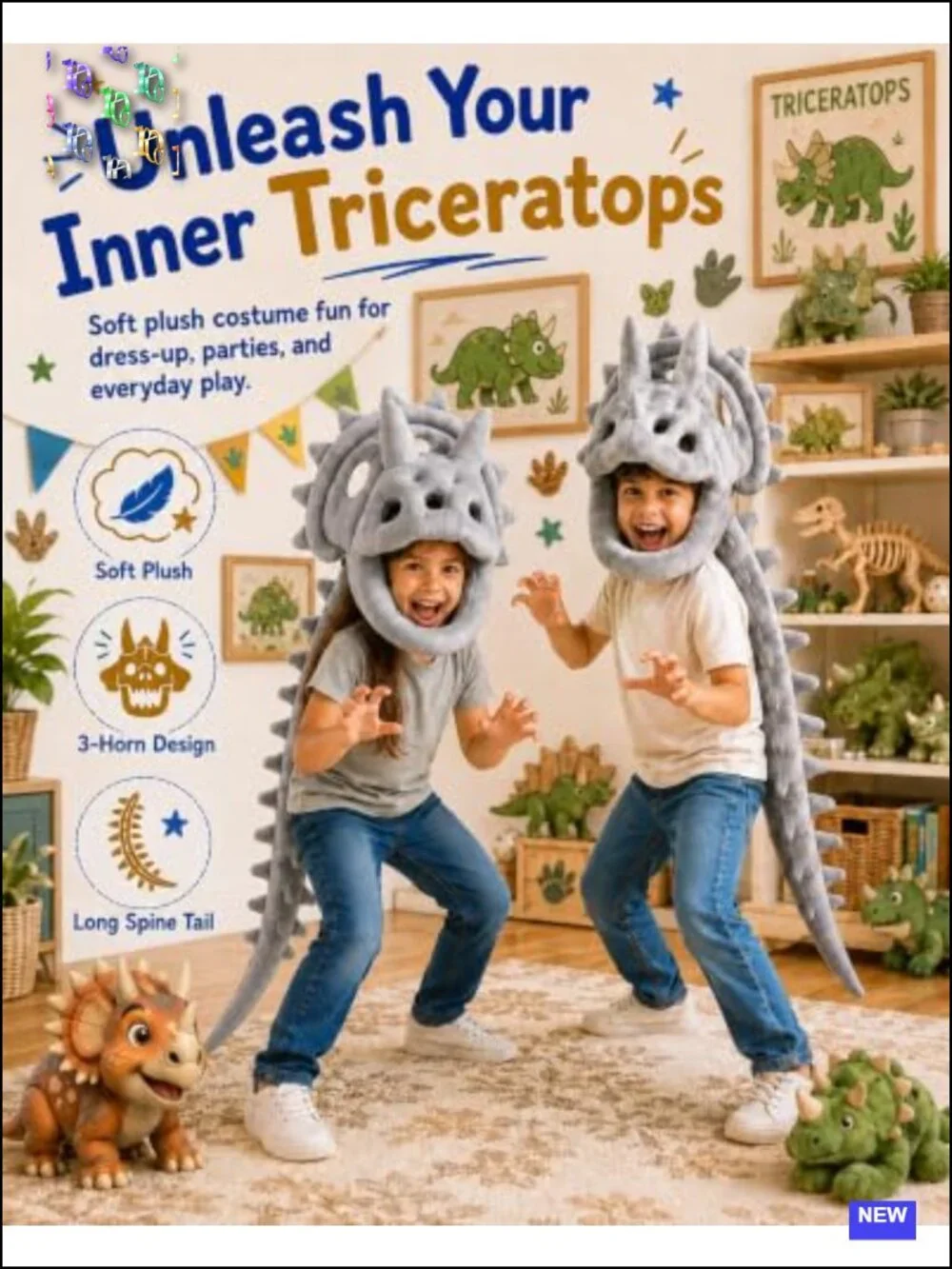 Kids Dinosaur Skeleton Costume Triceratops Plush Halloween Cosplay